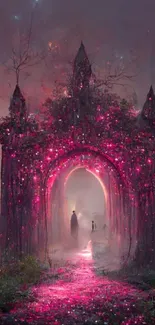 Enchanted portal in a magical forest, glowing pink and mystical.