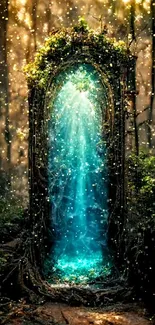 Mystical portal in enchanted forest with teal glow.