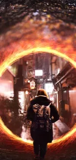 Person walks through a glowing portal into an urban alleyway at night.