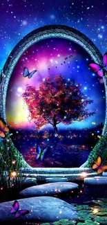 Magical portal with a cosmic tree and vibrant butterflies in a surreal landscape.