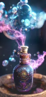 Mystical potion bottle with colorful smoke and bubbles wallpaper.