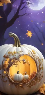 Enchanted pumpkin in moonlit forest night.