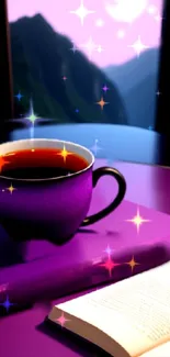 Purple coffee cup with stars and open book wallpaper.