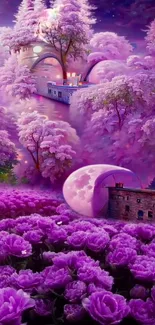 Enchanted purple landscape with flowers and celestial skies.