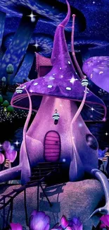 Magical purple mushroom house in fairyland under starry sky.