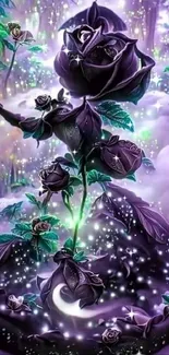 Enchanted purple flower in a fantasy forest setting with magical sparkles.