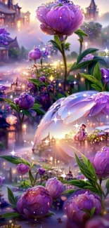 Enchanted wallpaper with purple flowers and mystical scenery.