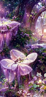 Enchanted forest with glowing purple flowers and cascading waterfalls.