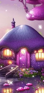 Enchanted purple forest cottage with glowing lights and whimsical trees.