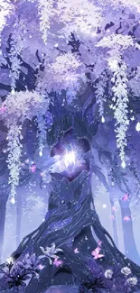 Mystical forest with glowing trees and butterflies in purple hues.