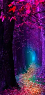 A vibrant purple forest pathway with colorful leaves on the ground.