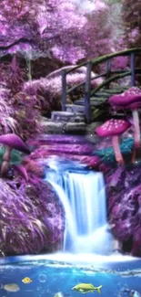 Enchanted forest with waterfall, purple hues, and mushrooms in wallpaper.