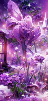 Enchanted garden with purple flowers and glowing lights in a fantasy setting.