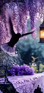 Purple garden bench with lantern and flowers at dusk.