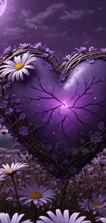 Purple heart in a moonlit floral scene.