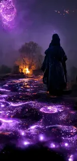 Mystical purple pathway glowing at night with an enchanting magical atmosphere.