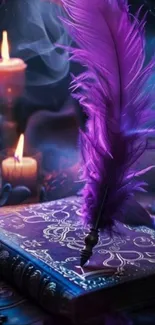 Purple quill on ornate book with candlelight.