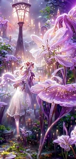 Enchanted garden with purple flowers glowing in magical light.