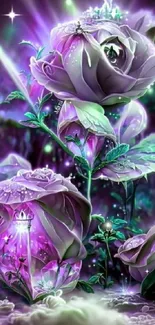 Purple roses glowing in the dark with a mystical aura.