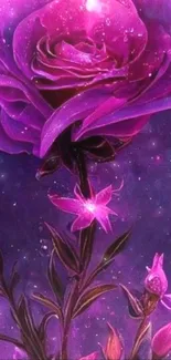 Enchanted purple rose with cosmic background.