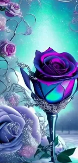 Mystical blue and purple roses in ethereal artwork.