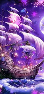 Enchanted ship sailing under a mystical purple moon with glowing stars.