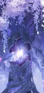 Enchanted purple tree with mystical elements in a fantasy forest setting.