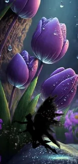 Silhouette of a fairy with purple tulips in a magical scene.