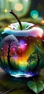 Colorful apple art with nature inside and glowing rainbow hues.