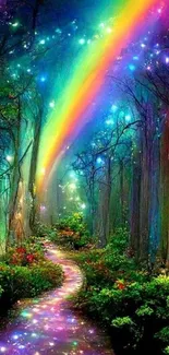 Enchanting forest with a rainbow pathway and glowing trees at night.