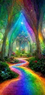 Enchanting forest path with rainbow hues and magical lights.