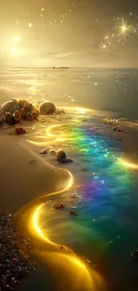 Golden light with rainbow hues on a mystical shoreline in a fantasy artwork.