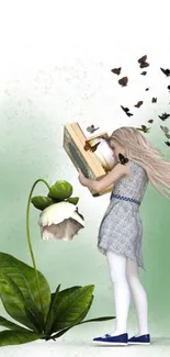 Girl reading in fantasy setting with butterflies and giant flower.