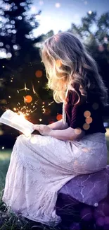 A girl reading a magical book outdoors with sparkling lights around her.