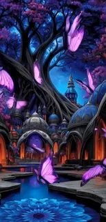 Enchanted realm with purple butterflies at night.
