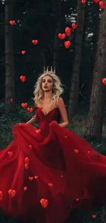 Woman in red gown standing in a mystical forest setting.