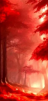 A mystical forest with red leaves and a dreamy atmosphere.