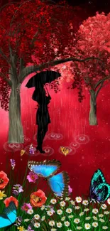 Silhouette under umbrella in red forest with butterflies and flowers.