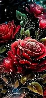 Red rose bouquet amid stars on dark wallpaper.