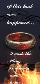 Magical ring surrounded by fire and mystical text on a dark background.