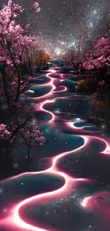 Magical pink river flows surrounded by cherry blossoms under stars.