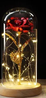 Enchanted rose under glass dome with fairy lights beside a photo frame.