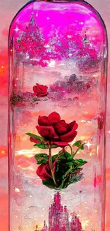 Enchanted glass bottle with red rose and pink sunset.