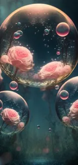 Enchanting bubbles with pink roses in a mystical forest setting.