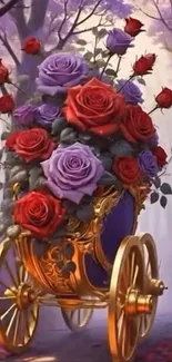 Golden carriage filled with red and purple roses in a mystical forest.