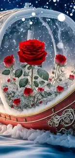 Fantasy artwork of a red rose in a glass dome on an icy sea.