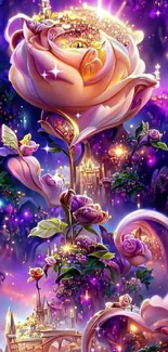 Enchanted rose with mystical purple background in fantasy theme.