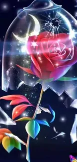 Fantasy wallpaper with glowing rose under a glass dome, vibrant and magical.