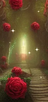 Enchanted pathway with red roses and lush greenery.