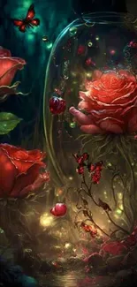 Enchanted red rose garden with glowing elements and a dark background.